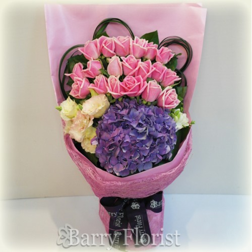 BOU 0044 20支A級粉紅色玫瑰 + 1支繡球花 + 季節性襯花